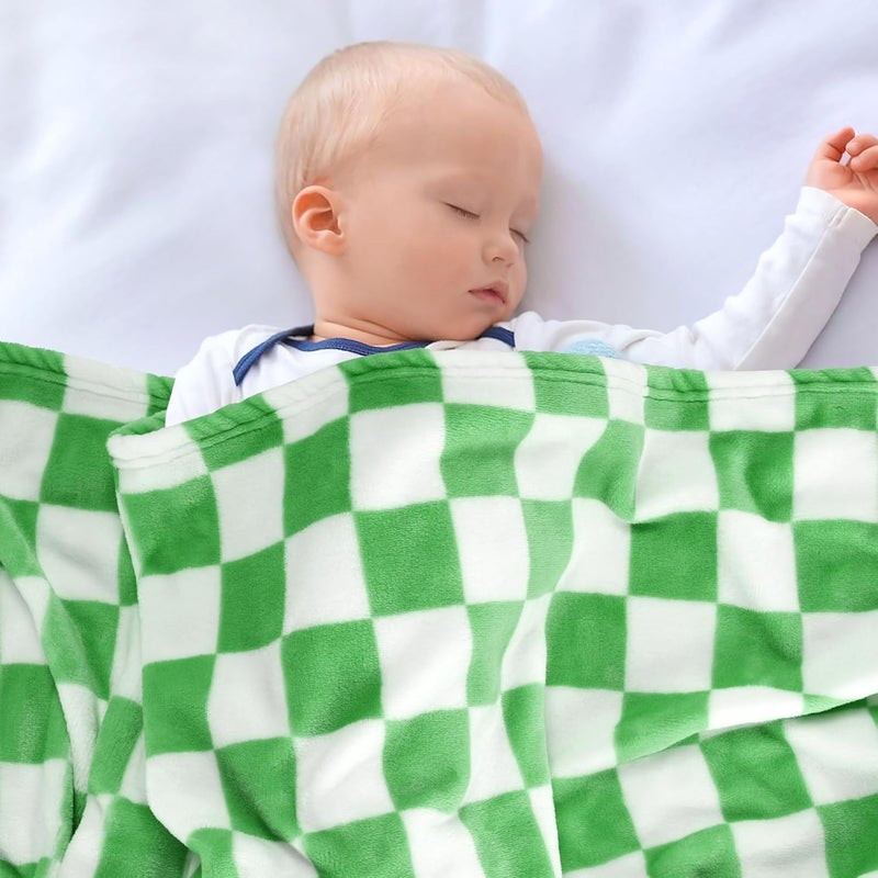 GreatBba Plush Checkered Baby Blanket for Boys Girls Nursery, 30"*40" Warm Short Fleece Blanket Neutral for Infant Newborn, Small Fuzzy for Sleeping, Chenille or Stroller (Green&White) - Image 4